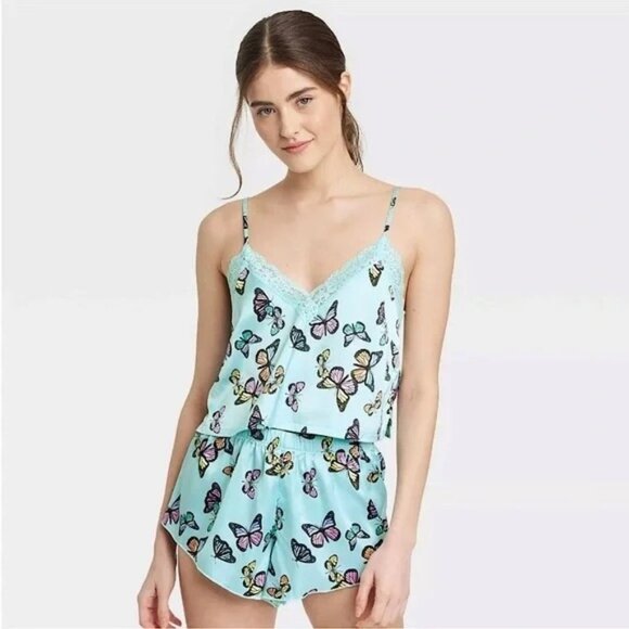 NEW Colsie Satin Butterfly Lace Trim Cropped V Neck Pajama Tank Top Size XL - Picture 1 of 9